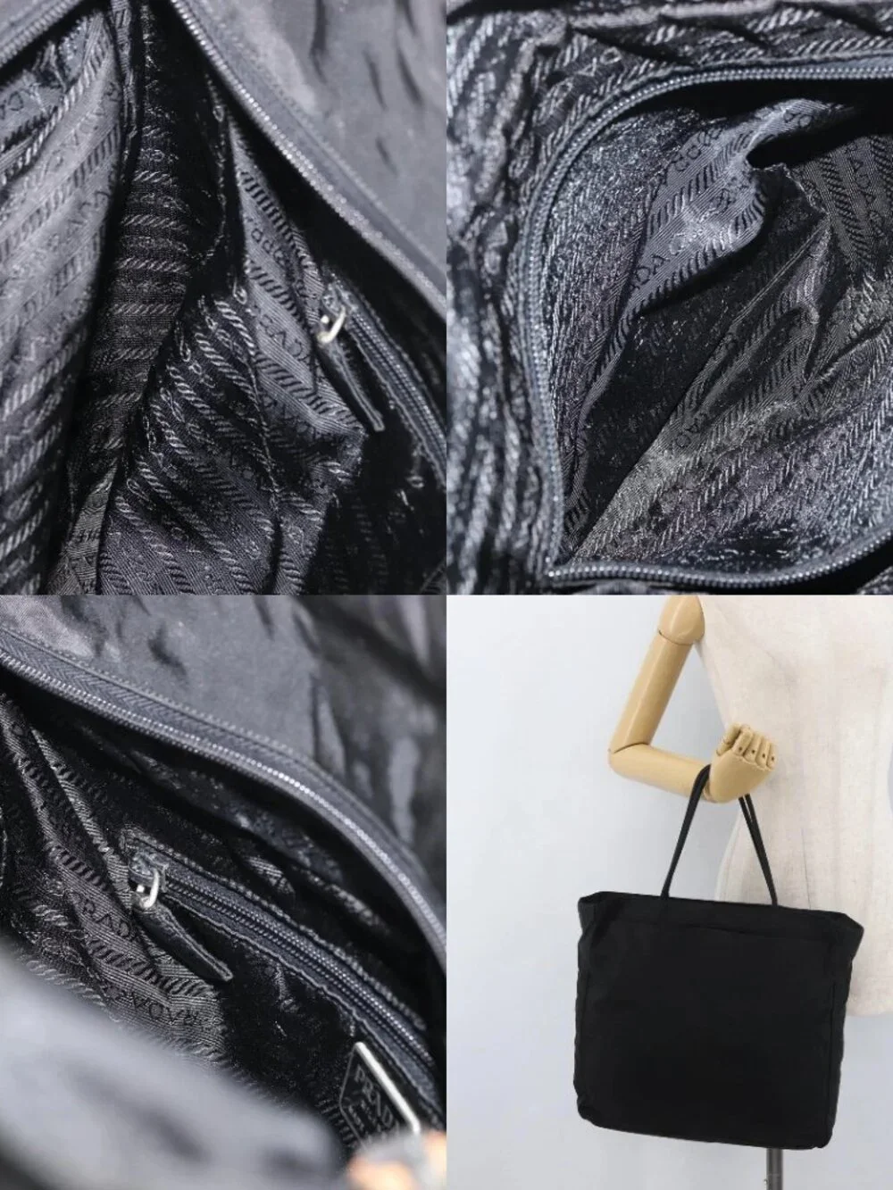 PRADA Tote Bag Nylon Black Silver Auth 176592